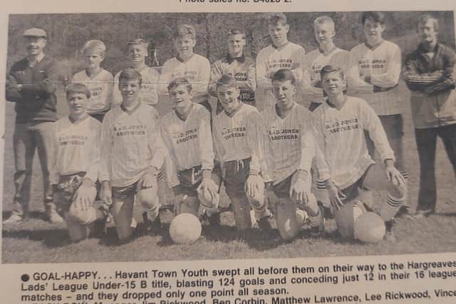 Havant Town Under-15s. Back (from left): Jim Rickwood (manager), Ben Corbin, Matthew Lawrence, Lee Rickwood, Vince Stallard, Daniel Roberts, David Oliver, Andy Smith, Mick Gallagher (coach). Front: Paul Gidley, Mark Hayden, Gary Edwards, Justin Andrews, Russell Hibberd, Bob Barber