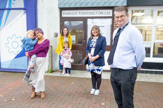 The Centre has been opened by GBC and Caritas Diocese of Portsmouth as the next step in helping the homeless in Gosport.
Pictured: Staff, Heather Whitewood with her granson, Logan 2, Natalie Matthews with her children, Evie and Alice, Cllr Kathleen Jones and project coordinator, Gary Walker outside The Centre on 28 October 2020.
Picture: Habibur Rahman