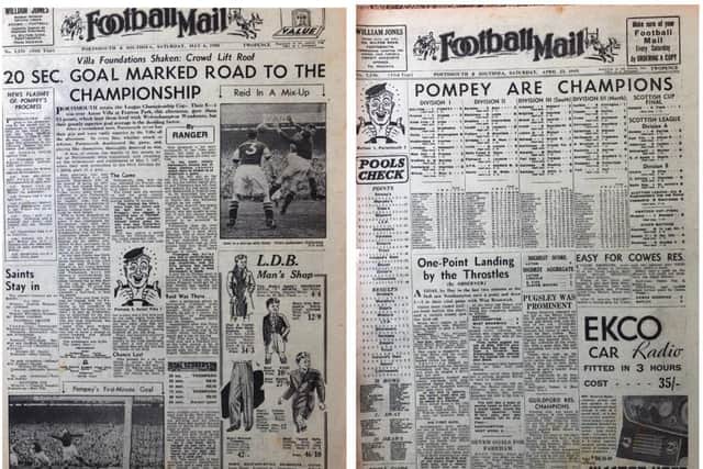 Left - Pompey 5 Aston Villa 1, May 1950 - Pompey retain the Division 1 title on goal average from Wolves. Right - Bolton 1 Pompey 2, April 1949 - the Blues are crowned champions of England for the first time.
