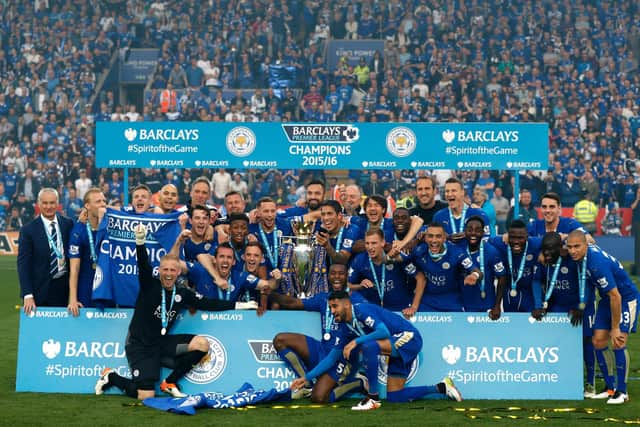 Leicester City celebrate winning the Premier League in 2016. Pic: Adrian Dennis/AFP via Getty Images