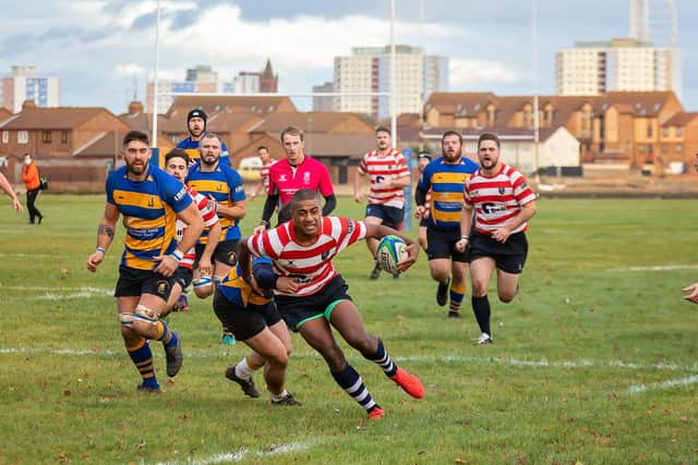 Havant's Kini Bavadra is tackled during his side's win at Gosport & Fareham. Picture: Mike Cooter