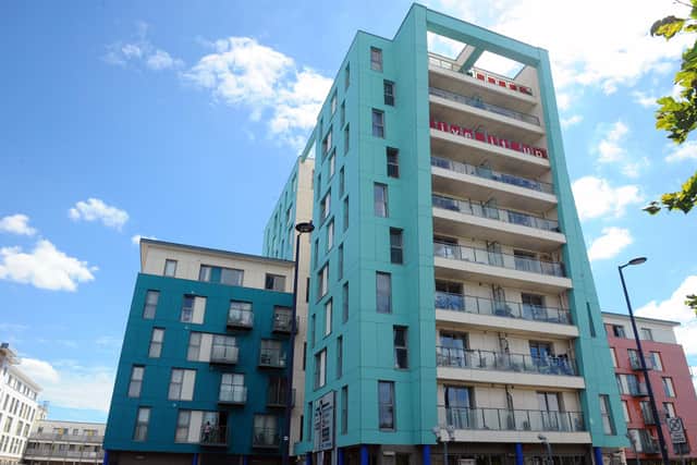 Residents of Vista apartments in Fratton, Portsmouth, are scared they could have to foot a bill of up to £100,000 each for cladding works and balcony repairs. Picture: Sarah Standing (040820-1998)