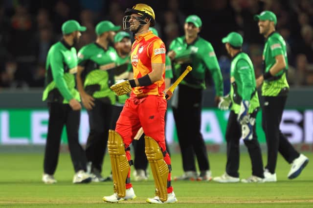 Birmingham Phoenix's Liam Livingstone reacts after being dismissed during the Men's Final of The Hundred. Photo by Steven Paston/PA Wire.