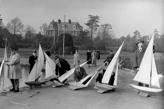 February 7, 1936:  Members of Southsea Model Yacht Club preparing their boats for the coming season.  Picture: E Phillips/Fox Photos/Getty Images