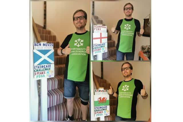 Simon Hoyle from Denvilles took on the equivalent of the Three Peaks challenge on his stairs at home to raise money for Portsmouth Down Syndrome which has helped the family since his son Dexter was born with the condition. Pictured: Simon before taking on each 'peak'