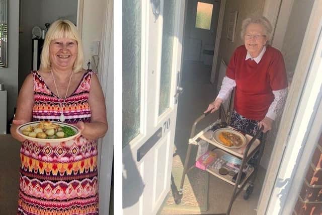 Kerry and Kane Conroy from Emsworth have been delivering meals to people in need in memory of Kerry's grandad, Percy Bishop. Pictured: Avis Chand and Patricia Whitbread, happy recipients of the Bish's Dishes meals