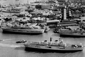 Three carriers in Portsmouth at the same time. Seen in Portsmouth Harbour in February 1989 are HM Ships Invincible, Ark Royal  and Illustrious. Picture: Terry Pearson collection