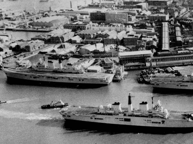 Three carriers in Portsmouth at the same time. Seen in Portsmouth Harbour in February 1989 are HM Ships Invincible, Ark Royal  and Illustrious. Picture: Terry Pearson collection