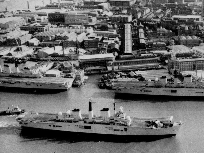 Three carriers in Portsmouth at the same time. Seen in Portsmouth Harbour in February 1989 are HM Ships Invincible, Ark Royal and Illustrious. Picture: Terry Pearson collection