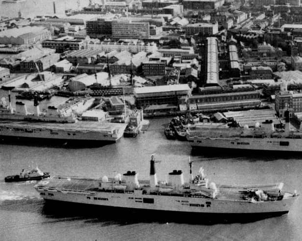 Three carriers in Portsmouth at the same time. Seen in Portsmouth Harbour in February 1989 are HM Ships Invincible, Ark Royal  and Illustrious. Picture: Terry Pearson collection