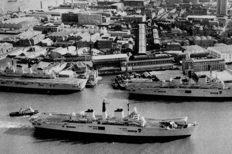 Three carriers in Portsmouth at the same time. Seen in Portsmouth Harbour in February 1989 are HM Ships Invincible, Ark Royal  and Illustrious. Picture: Terry Pearson collection