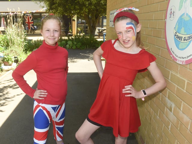 Gomer Junior School in Alverstoke, celebrating The Queen's Platinum Jubilee. Pictured is: Faye Sparshott (11) and Lydia Mason (10)