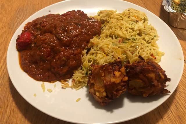 Food from the Waltham Tandoori in Bishop's Waltham - lemon rice, naga chicken and onion bhajis