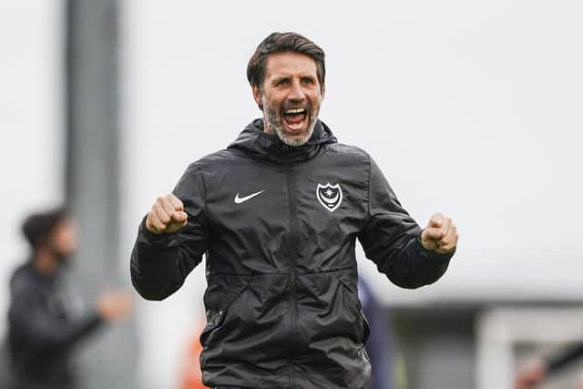 Pompey boss Danny Cowley celebrates the Blues' 1-0 win at Forest Green Rovers