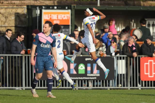 Manny Duku celebrates scoring Hawks' winner at play-off rivals Dulwich Hamlet earlier this month. Picture: Dave Haines