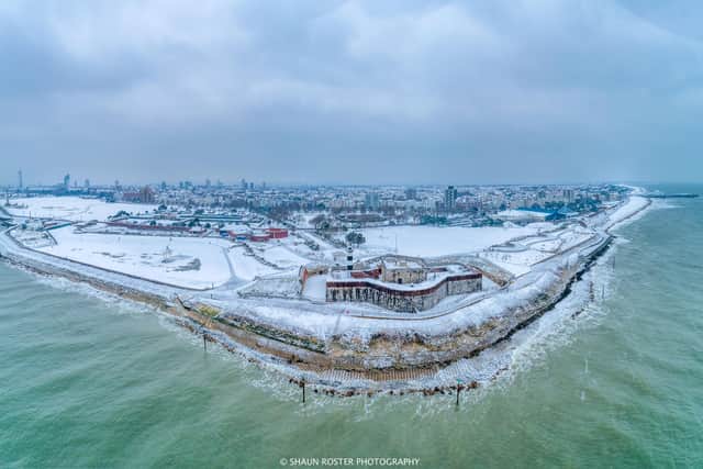 A panoramic drone image of Southsea Castle encapsulating the whole of Southsea Seafront during the snow storms of March 2018. Picture: Shaun Roster