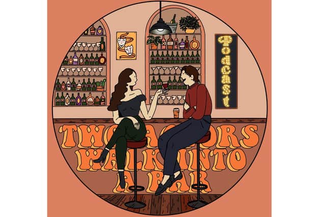Two out-of-work actors have created a podcast called Two Actors Walk Into a Bar. Pictured: Scarlett Briant and David McCulloch on the artwork created by Megan Siggers