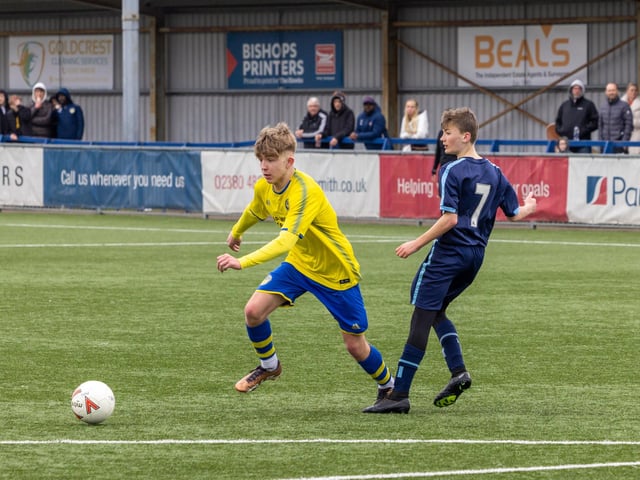 Action from the Under-16 Arthur Hughes Challenge Cup final between Meon Milton Awfords (yellow shirts) and Pickwick Youth Panthers. Picture: Mike Cooter