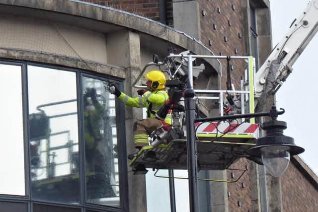 Southsea firefighter Max Hewett rescues a pigeon trapped by netting around the Knight and Lee building near Palmerston Road.