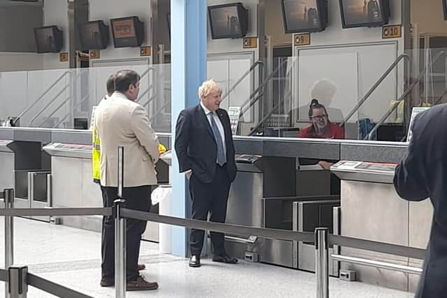 Boris Johnson in Southampton Airport, Eastleigh, at midday today (May 4, 2022). He planned to meet the MP for Eastleigh, Paul Holmes. Picture: David George.