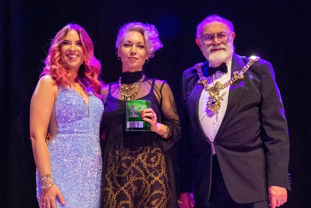 Award Recipient in the Category of 'Business - Emerging (1-3 Years)  Sophie Cartledge of Hormones on the Blink with Presenter Hannah Roper of The Female Creative and the Lord Mayor of Portsmouth Hugh Mason
