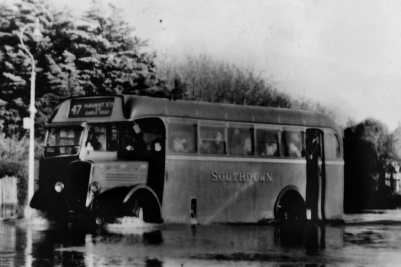 A Southdown bus in flooding on Hayling Island.
A probable post-war scene at Gable Head, Hayling Island we see a Southdown’s bus in flood water.
Picture: Roger Allen collection.