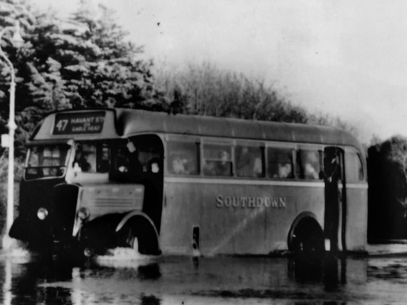 A Southdown bus in flooding on Hayling Island.
A probable post-war scene at Gable Head, Hayling Island we see a Southdown’s bus in flood water.
Picture: Roger Allen collection.