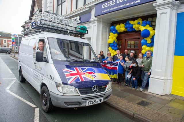 Bluewater care home owner, David Sheppard, and his co-driver, made a 2,500 mile round trip to Ukraine. Pictured: David Sheppard in his van, the Lord Mayor, Frank Jonas and his sister, the mayoress, Joy Maddox, care home staff, Radio Victory DJs, and staff of George and Dragon outside Bluewater care home, Portsmouth on April 8, 2022. Picture: Habibur Rahman