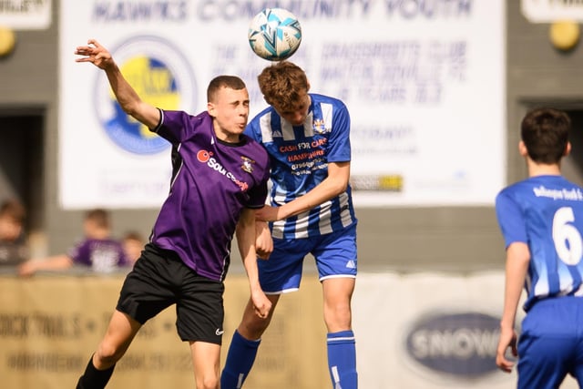 Action from the Portsmouth Youth League U15 Challenge Cup final between Bedhampton Youth (blue and white kit) and Gosport Falcons. Picture: Keith Woodland (190321-1120)