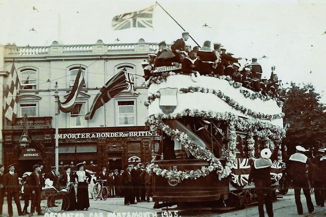 1905 French sailors celebration. A century after Trafalgar and French sailors were in town celebrating the entente cordiale between Britain and France. Portsmouth 1905.Captioned ‘Decorated Car Portsmouth 1905,’ this real photographic postcard, shows a tram full of French sailors for l’entente cordiale in 1905 when the French fleet visited Portsmouth – 100 years after Trafalgar.