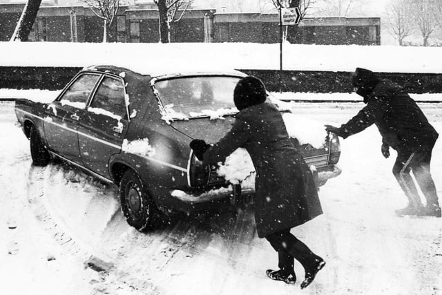 Snow on the road up Portsdown Hill near the entrance to Queen Alexandra Hospital, Cosham, 1979