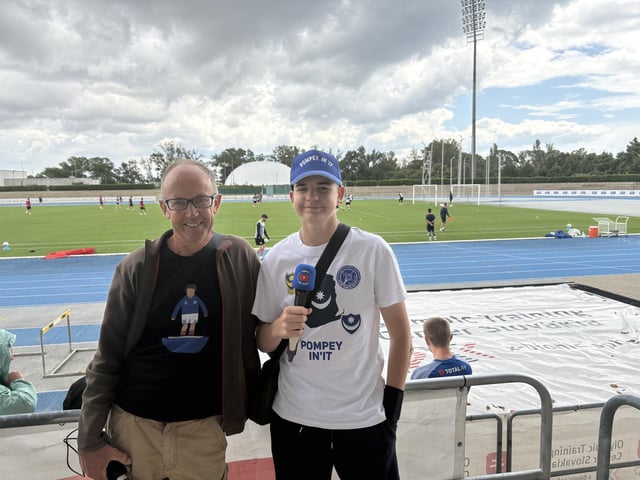 Gary Bishop, aged 57 from Emsworth, and Nolan Bishop, aged 15 from Emsworth, at Pompey's open training session at the X-Bionic Sphere Sports Centre in Šamorín, Slovakia.
