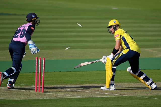 John Simpson of Middlesex stumps Joe Weatherley during Hampshire's T20 Blast loss at Lord's. Photo by Alex Davidson/Getty Images.