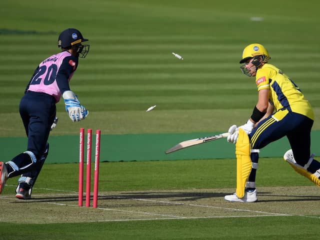 John Simpson of Middlesex stumps Joe Weatherley during Hampshire's T20 Blast loss at Lord's. Photo by Alex Davidson/Getty Images.