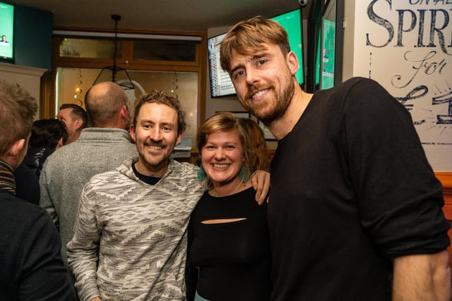 Moses Milner, Grace Nicole, Simon Ridgewell in the Leopold Tavern in Southsea before kick off. Picture: Matthew Clark