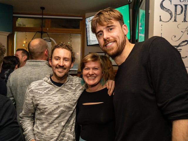 Moses Milner, Grace Nicole, Simon Ridgewell in the Leopold Tavern in Southsea before kick off. Picture: Matthew Clark
