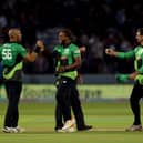 Southern Brave's Chris Jordan, middle, celebrates with Tymal Mills after their side's dramatic win  at Lord's last night. Picture: Steven Paston/PA Wire.
