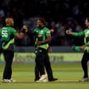 Southern Brave's Chris Jordan, middle, celebrates with Tymal Mills after their side's dramatic win  at Lord's last night. Picture: Steven Paston/PA Wire.