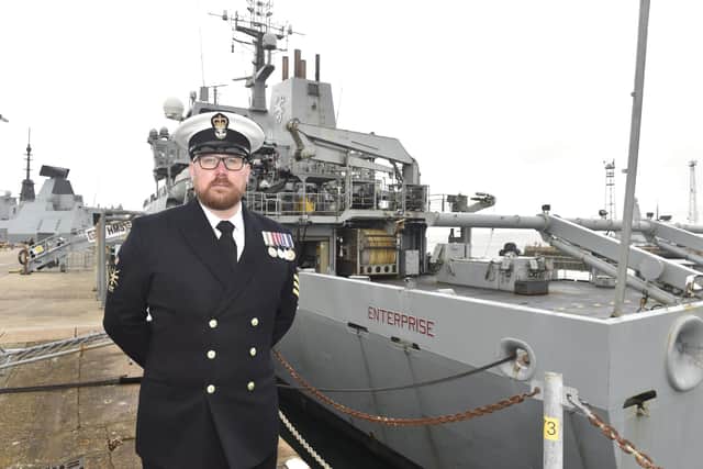 On Thursday, March 30, 2023 HMS Enterprise decommissioning ceremony took place at Portsmouth Naval Base.

Pictured is: PO Ben Wansborough.

Picture: Sarah Standing (300323-1835)