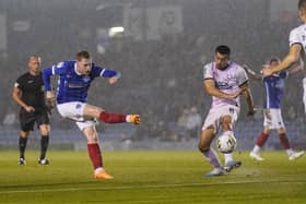 Paddy Lane drives in a shot against Peterborough in the Carabao Cup. Picture: Jason Brown/ProSportsImages