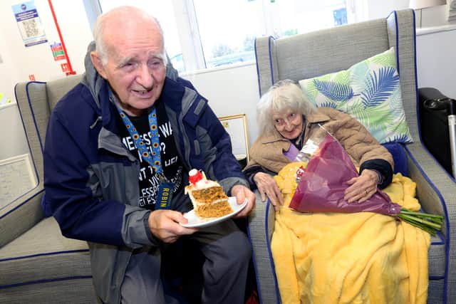 Maisie with her son Rob Bartlett at her 105th party at Spark Community Space   Picture: Sam Stephenson.