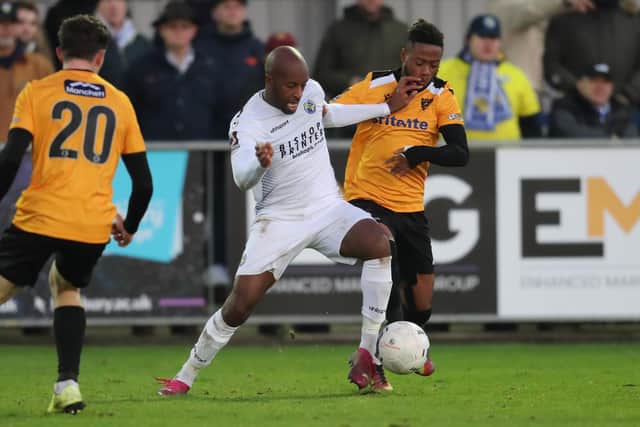 Anthony Straker in action for Hawks during last season's 2-1 home loss to Maidstone United. The Kent club are back at Westleigh Park on the new 3G pitch on October 10 for Hawks' first game of the 2020/21 National League South season. Photo by Dave Haines.