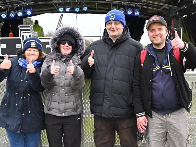 Thousands of Pompey FC fans flocked to Southsea Common to celebrate the team's League One title and promotion. Pictured: (Left to Right) Susan and Sarah Ryan with Sean and Robbie Grant - The group has been on Southsea Common since 7am in order to get a good spot. Picture Credit: Keith Woodland