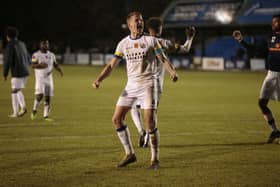 Joe Oastler celebrates Hawks' win at Tonbridge last night. Picture: Lily Moore.