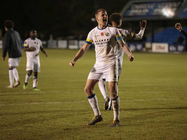 Joe Oastler celebrates Hawks' win at Tonbridge last night. Picture: Lily Moore.