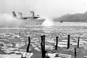 SRN2 Hovercraft over an ice pack in Wooton Creek, Isle of Wight in January 1963.