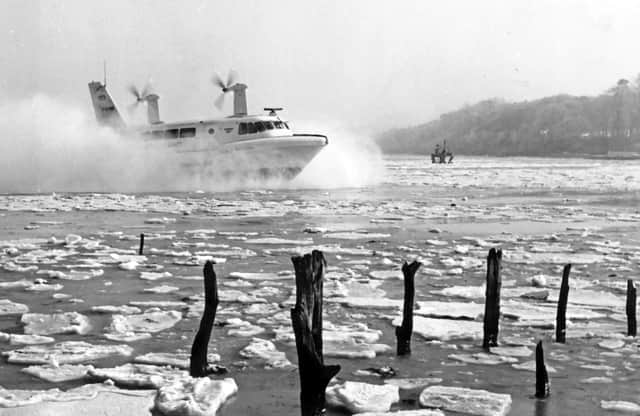 SRN2 Hovercraft over an ice pack in Wooton Creek, Isle of Wight in January 1963.