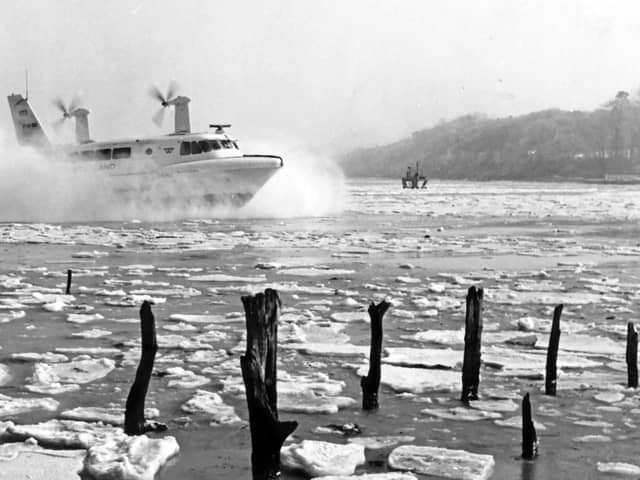 SRN2 Hovercraft over an ice pack in Wooton Creek, Isle of Wight in January 1963.