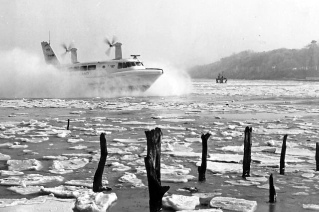 SRN2 Hovercraft over an ice pack in Wooton Creek, Isle of Wight in January 1963.