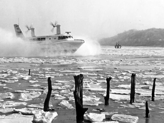 SRN2 Hovercraft over an ice pack in Wooton Creek, Isle of Wight in January 1963.